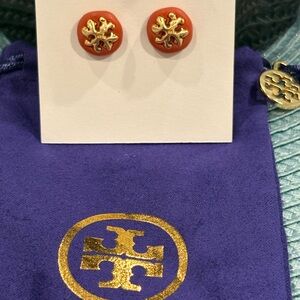 Tory Burch Red and Gold Button Earrings